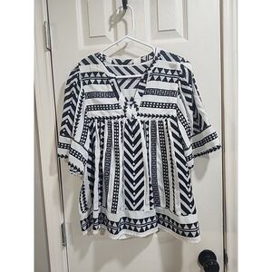 Old Navy Black White Embroidered Peasant Top M 100% Cotton Boho Geometric Flowy